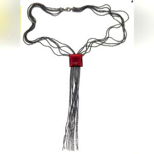 Vintage Gunmetal Ball Chain Multi Strand Y Drop Ruby Red Stone Goth Necklace